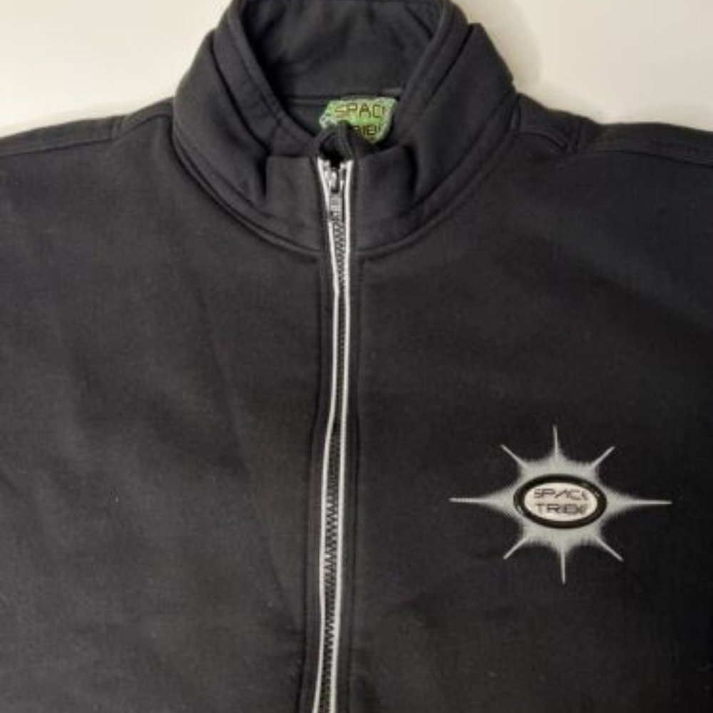 Vintage zip up raver sweater (black with white designs) medium size!